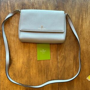 Kate Spade Saffiano Leather Flap Crossbody Bag Neutral Taupe Gray